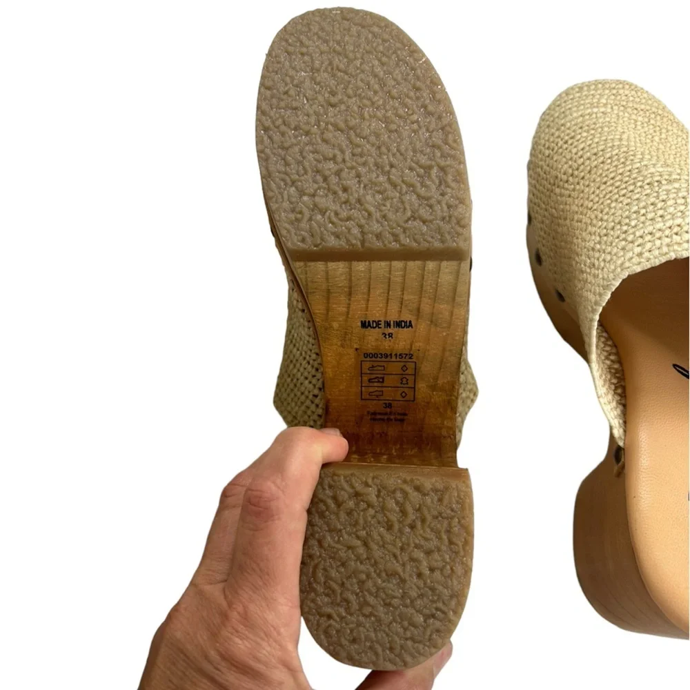 Free People Claudia Crocheted Tan Clogs Raffia Platform SZ 38/7.5/8 Boho Mules